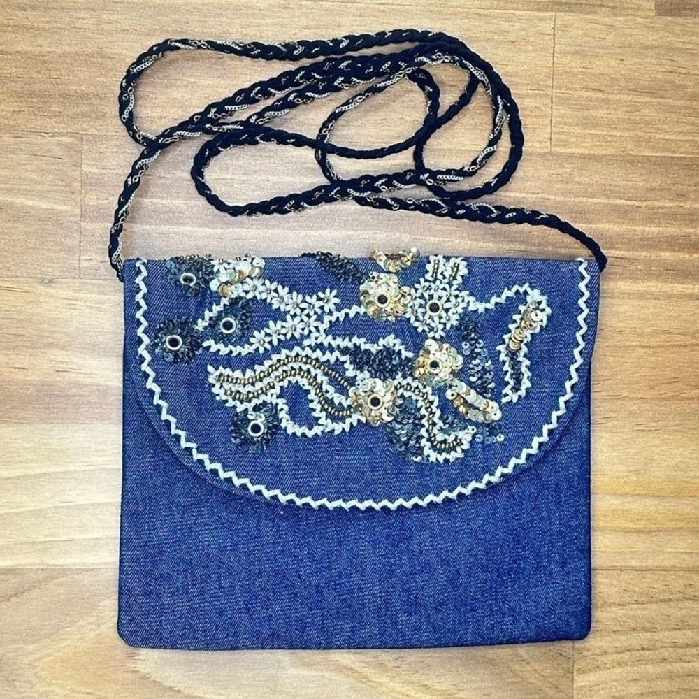 Denim Sequin Embellished Envelope Crossbody Bag Blue Beaded Strap